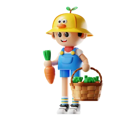 Male Farmer Bring Harvest Basket  3D Illustration