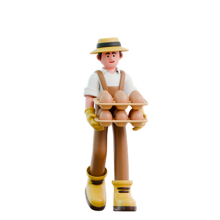 Male farmer carrying eggs tray  3D Illustration
