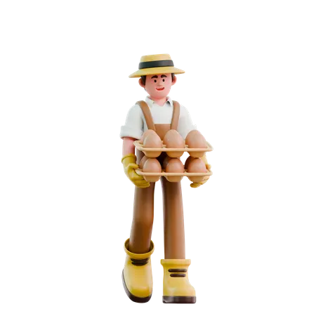 Male farmer carrying eggs tray  3D Illustration