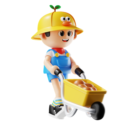 Male Farmer Carrying Soil With Wheelbarrow  3D Icon