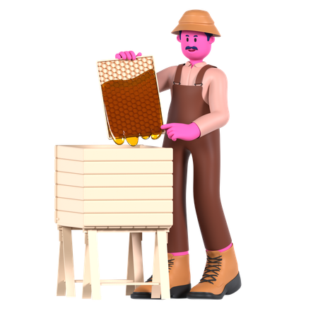 Male farmer collect honey and hive produce  3D Illustration