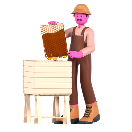 Male farmer collect honey and hive produce  3D Icon