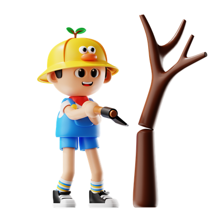 Male Farmer Cutting Down Trees  3D Illustration