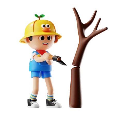 Male Farmer Cutting Down Trees  3D Illustration