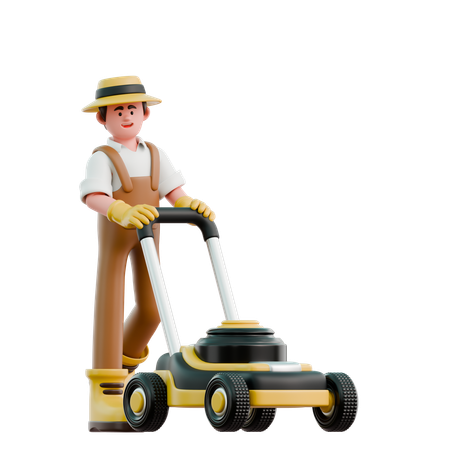 Male farmer cutting grass with lawn mower  3D Icon