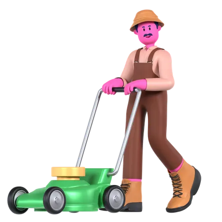 Male farmer cutting lawn using Lawn Mower  3D Illustration