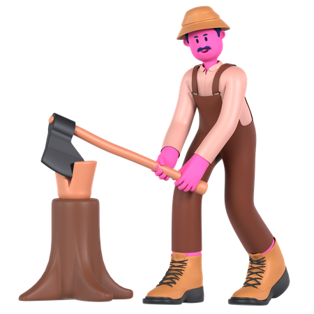 Male farmer cutting Wood using Axe  3D Illustration