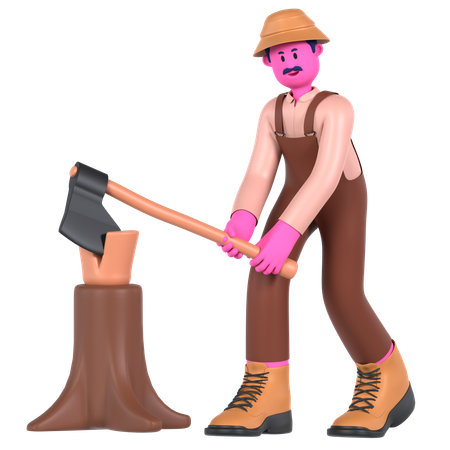 Male farmer cutting Wood using Axe  3D Illustration