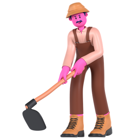 Male farmer digging using Hoe  3D Illustration