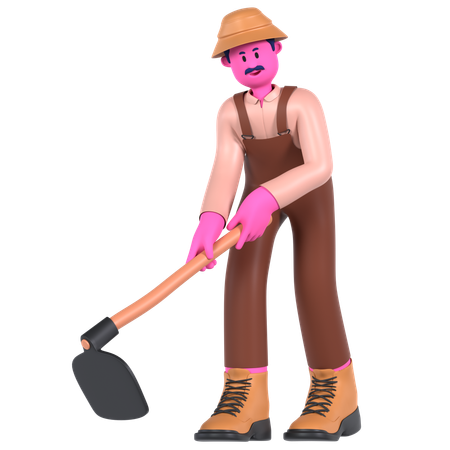 Male farmer digging using Hoe  3D Illustration