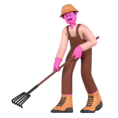Male farmer digging with Rake  3D Illustration