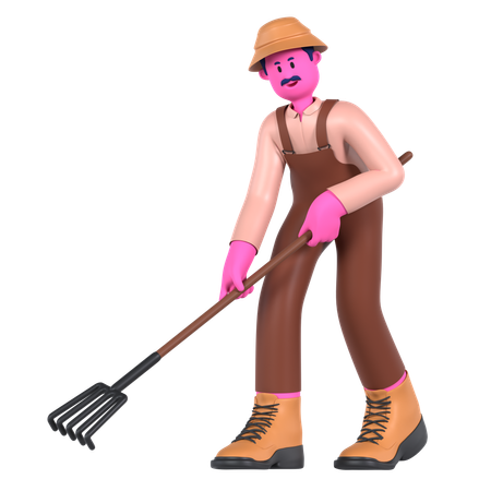 Male farmer digging with Rake  3D Illustration