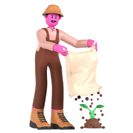 Male Farmer Fertilize to plant  3D Illustration