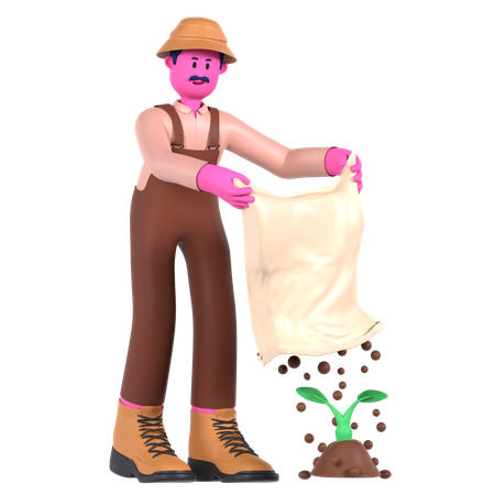 Male Farmer Fertilize to plant  3D Illustration