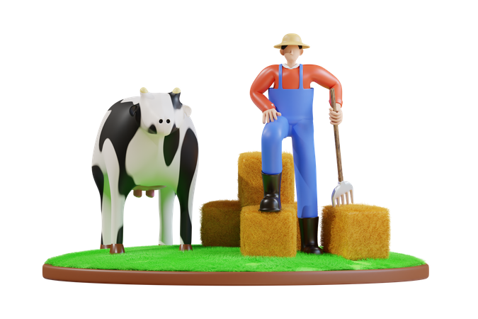 Male farmer giving grass to cow  3D Icon