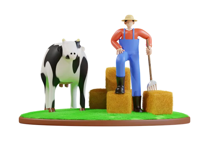 Male farmer giving grass to cow  3D Illustration