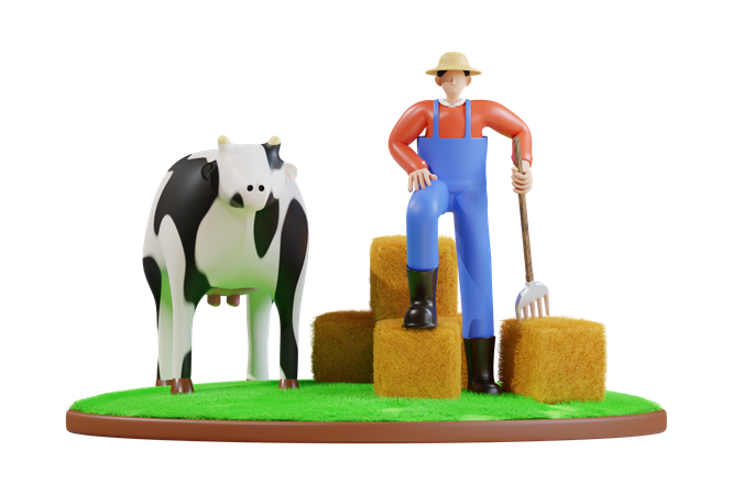 Male farmer giving grass to cow  3D Illustration