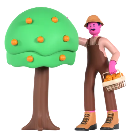 Male Farmer harvesting fruits from Fruit Tree  3D Illustration
