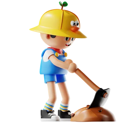 Male Farmer Holding A Hoe  3D Illustration