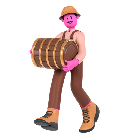 Male farmer holding Barrel  3D Illustration