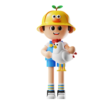 Male Farmer Holding Chicken  3D Icon