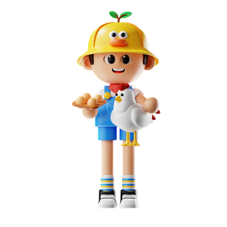 Male Farmer Holding Chicken And A Basket Of Eggs  3D Icon