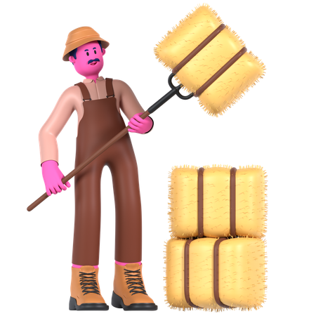 Male farmer holding Hay using rack  3D Illustration