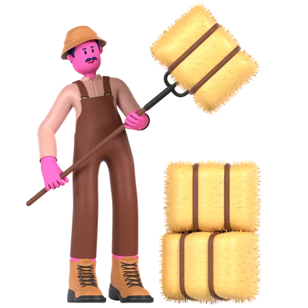 Male farmer holding Hay using rack  3D Illustration