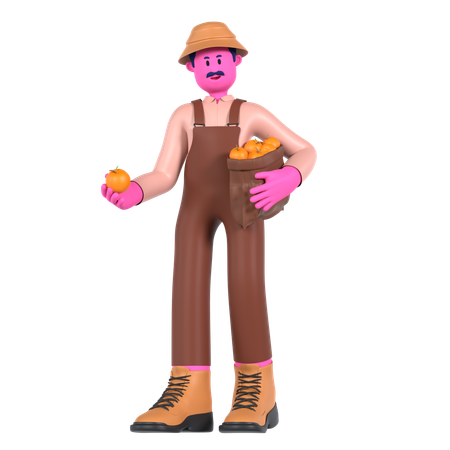 Male farmer Holding orange bag  3D Illustration