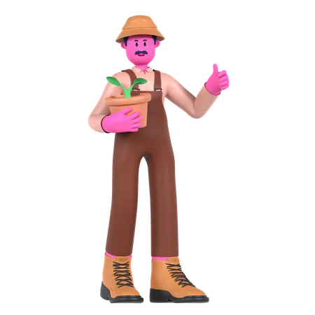 Male farmer holding plant pot  3D Illustration