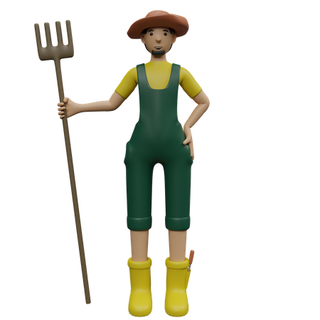 Male Farmer holding rake  3D Icon