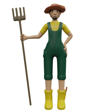 Male Farmer holding rake  3D Illustration