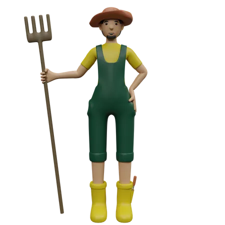 Male Farmer holding rake  3D Illustration