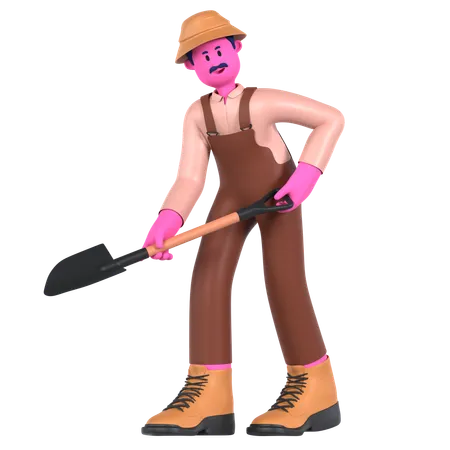 Male farmer holding Shovel  3D Illustration