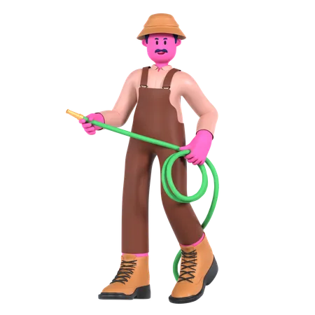 Male farmer holding Water Hose  3D Illustration