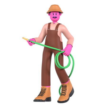 Male farmer holding Water Hose  3D Illustration