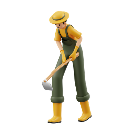 Male Farmer Is Digging Using Hoe  3D Icon