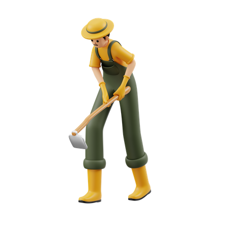 Male Farmer Is Digging Using Hoe  3D Illustration