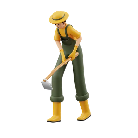 Male Farmer Is Digging Using Hoe  3D Illustration