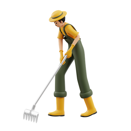 Male Farmer Is Digging With Rake  3D Illustration