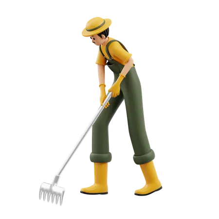 Male Farmer Is Digging With Rake  3D Illustration