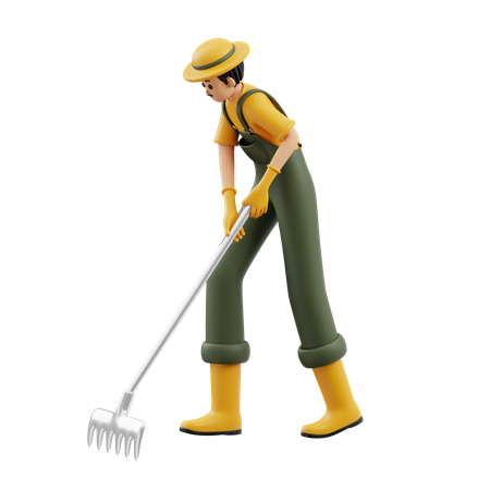 Male Farmer Is Digging With Rake  3D Icon