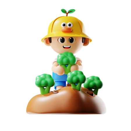 Male Farmer Planting Broccoli  3D Icon