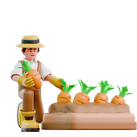 Male farmer planting crrots  3D Illustration