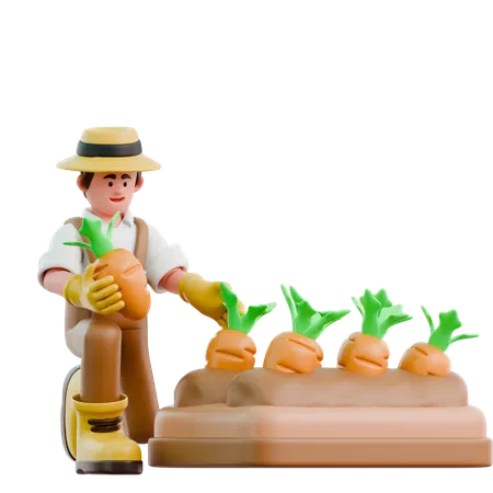 Male farmer planting crrots  3D Illustration