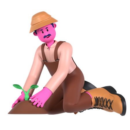 Male farmer Planting plant  3D Illustration