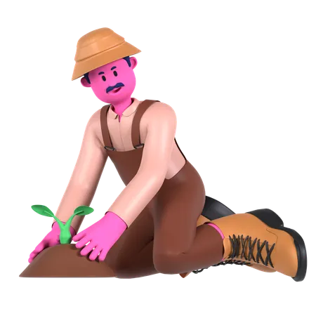 Male farmer Planting plant  3D Illustration