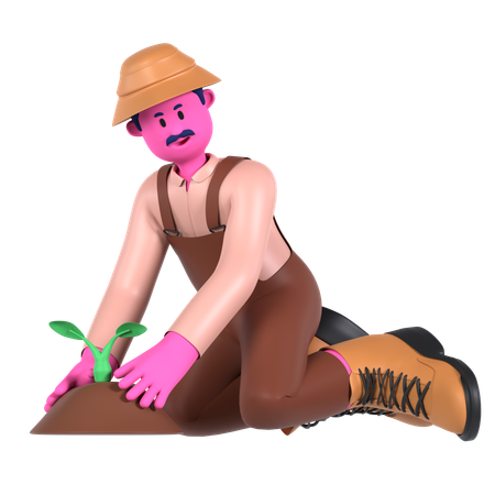 Male farmer Planting plant  3D Icon