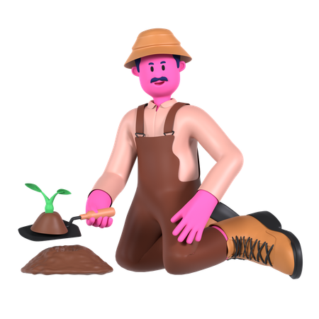 Male farmer planting plant using Trowel  3D Illustration