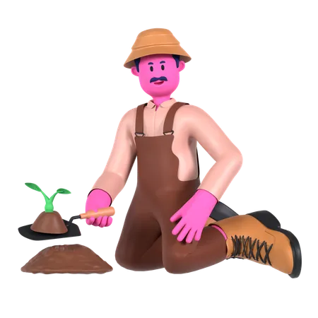 Male farmer planting plant using Trowel  3D Illustration